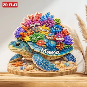 Personalized Sea Turtle Mama Wooden Block, Coral Beach Mom Sign Plaque 2D FLAT