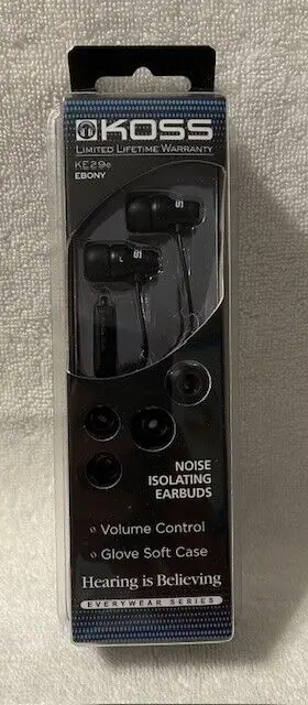 KE29 KOSS Noise Isolating Earbuds Volume Contro Ebony Box